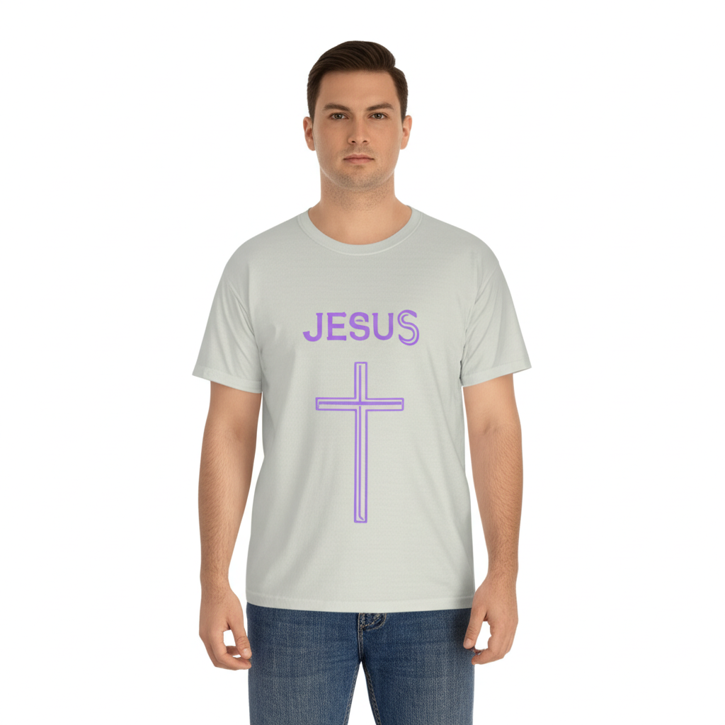 Generic tee — cheesy JESUS print, baggy, shapeless